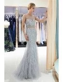 All Beading Grey Long Tight Mermaid Formal Dress With Feathers