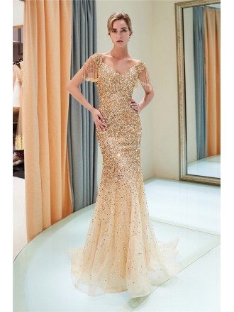 Extravagant Gold Sparkly Fitted Party Dress With Off Shoulder Sleeves