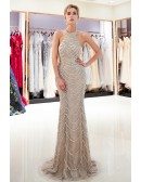 Different Grey Long Tulle Beaded Party Dress With Halter Neck