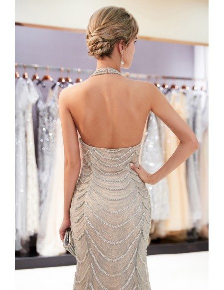 Different Grey Long Tulle Beaded Party Dress With Halter Neck