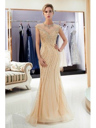 Glittering Gold Tight Mermaid Long Party Dress With Modest Top