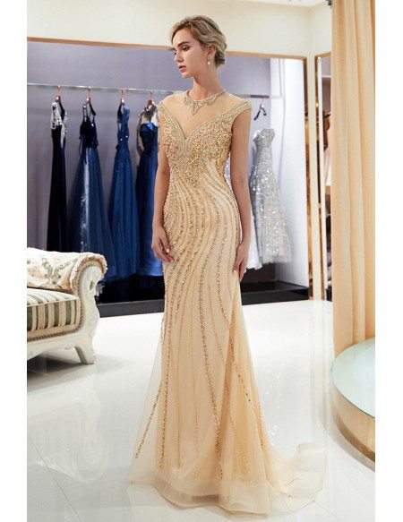 Glittering Gold Tight Mermaid Long Party Dress With Modest Top