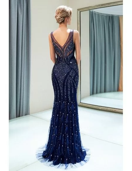 Navy Blue Slimming Long Beaded Evening Dress With Double V Neck