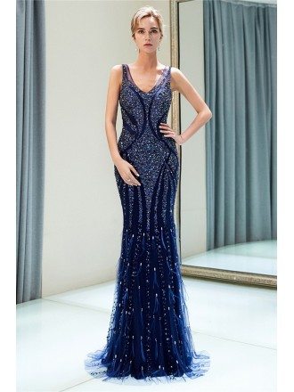 Navy Blue Slimming Long Beaded Evening Dress With Double V Neck