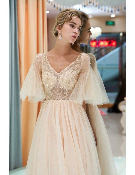 Elagant A Line Champange Beaded Sheer Prom Dress With Flare Sleeves