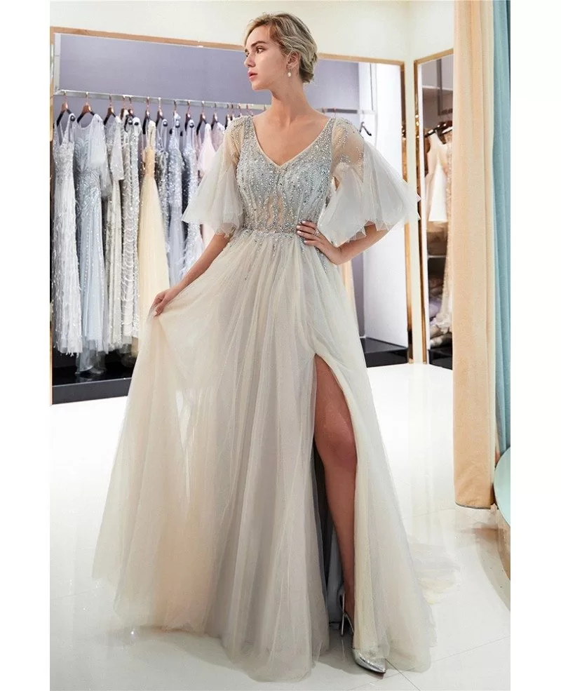 open lace back dress Silver Grey Prom Dress, Modern Girl Lace Up Flare Sleeves V Neck Elega –  formalgowns main image 0