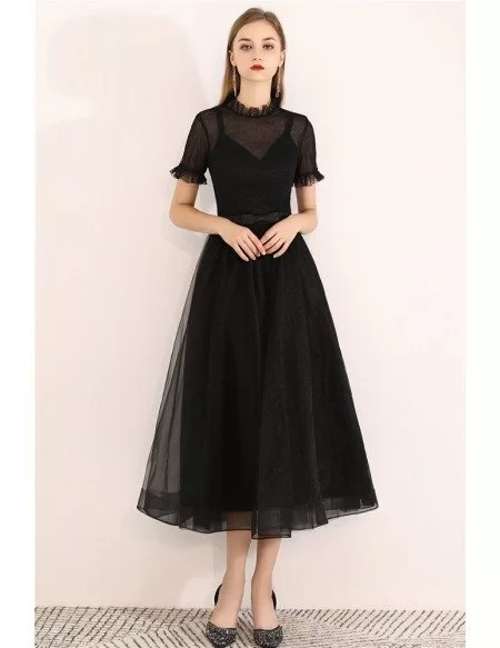 Vintage Black Tulle Tea Length Party Dress With Short Sleeves
