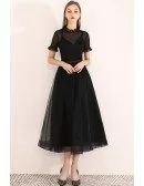 Vintage Black Tulle Tea Length Party Dress With Short Sleeves