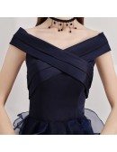 Navy Blue High Low Puffy Party Dress With Ruffles