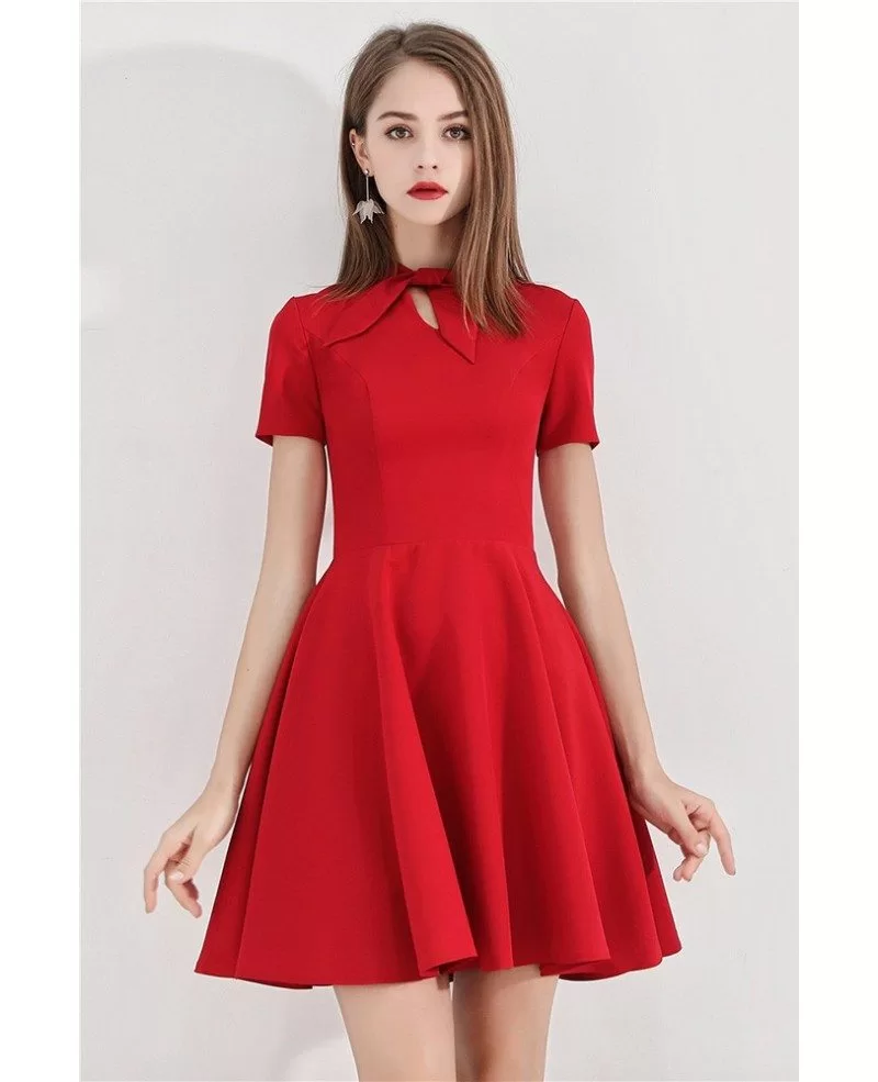 Retro Bow Knock Little Red Hoco Dress With Short Sleeves BLS97014