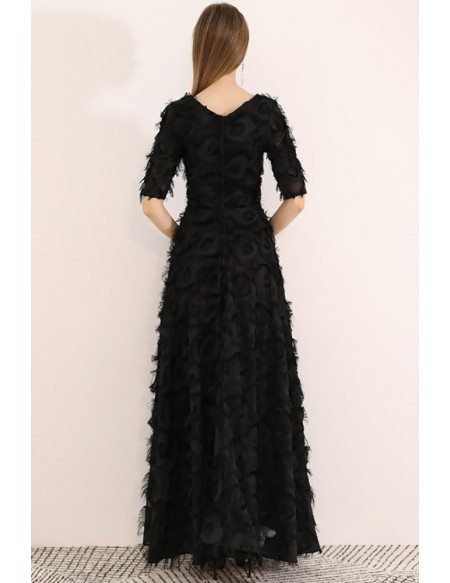 Special Long Black Party Dress Vneck With Sleeves