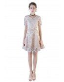 Modest Short Champagne Vneck Party Dress With Sleeves