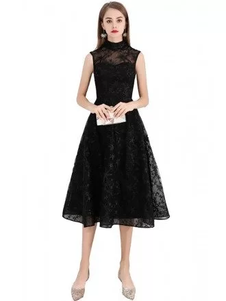 Retro Black Lace Tea Length Party Dress Sleeveless With High Neck