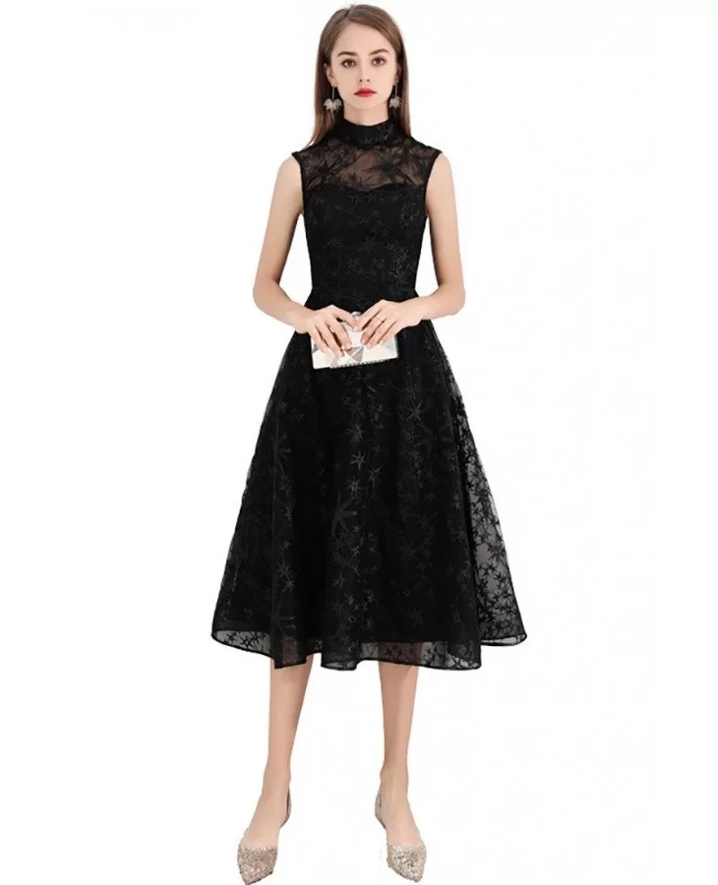 black lace tea length dress