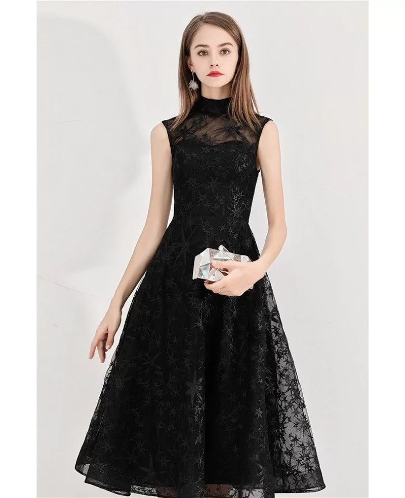 Retro Black Lace Tea Length Party Dress Sleeveless With High Neck # ...