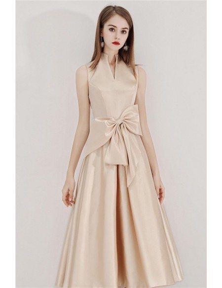 Tea Length Chic Champagne Party Dress With Big Bow