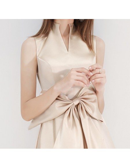 Tea Length Chic Champagne Party Dress With Big Bow