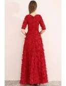 Special Long Red Party Dress Feathers Vneck With Sleeves
