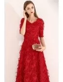 Special Long Red Party Dress Feathers Vneck With Sleeves