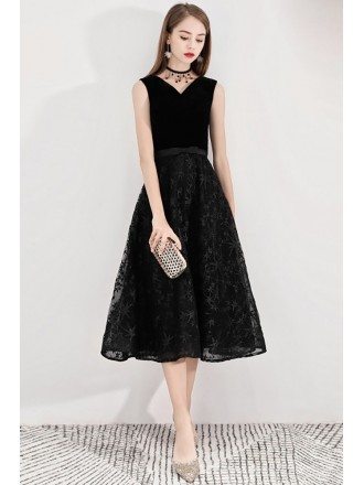 Retro Chic Black Lace Party Dress Tea Length Sleeveless