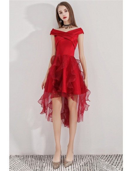 Cute High Low Red Puffy Hoco Dress With Ruffles