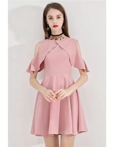 Pink Aline Flare Short Party Dress With Cold Shoulder