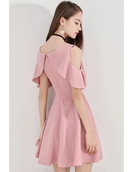 Pink Aline Flare Short Party Dress With Cold Shoulder