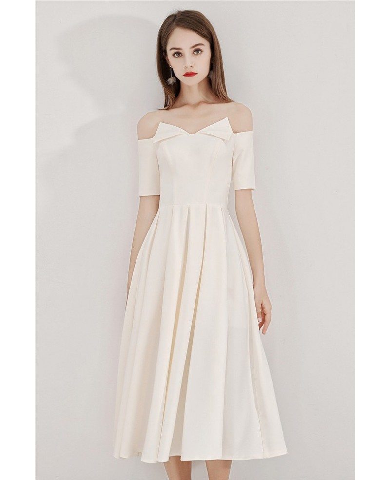 Light Champagne Tea Length Party Dress With Off Shoulder Sleeves # ...
