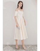 Light Champagne Tea Length Party Dress With Off Shoulder Sleeves