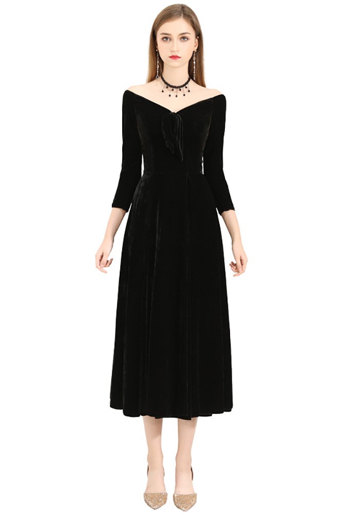 Gorgeous Off Shoulder Vneck Tea Length Dress With 3/4 Sleeves #BLS97052 ...