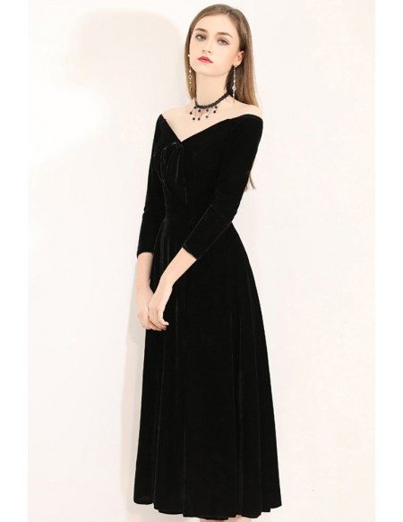 Gorgeous Off Shoulder Vneck Tea Length Dress With 3/4 Sleeves