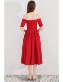 Special Red Pleated Aline Tea Length Party Dress With Off Shoulder Sleeves