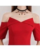 Special Red Pleated Aline Tea Length Party Dress With Off Shoulder Sleeves