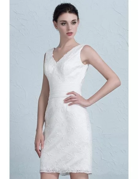 Simple Sheath V-Neck Short Lace Wedding Dress