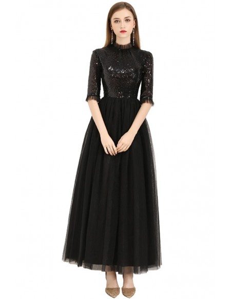 Long Black Tulle Sequins Party Dress With Half Sleeves