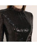 Long Black Tulle Sequins Party Dress With Half Sleeves