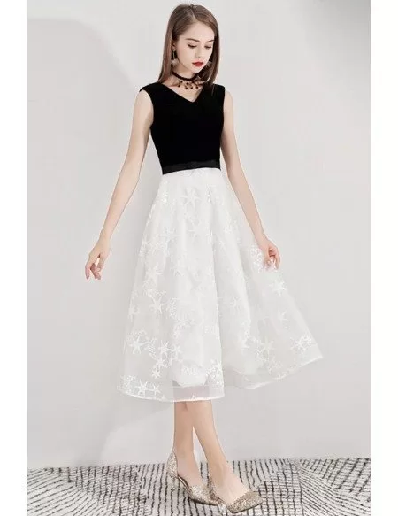 Black And White Lace Semi Formal Dress Tea Length Sleeveless