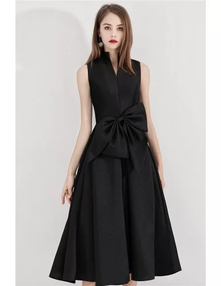 Vintage Black High Collar Party Dress Tea Length Sleeveless