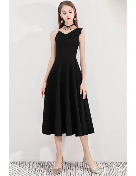 Simple Black Tea Length Party Dress Retro One Shoulder