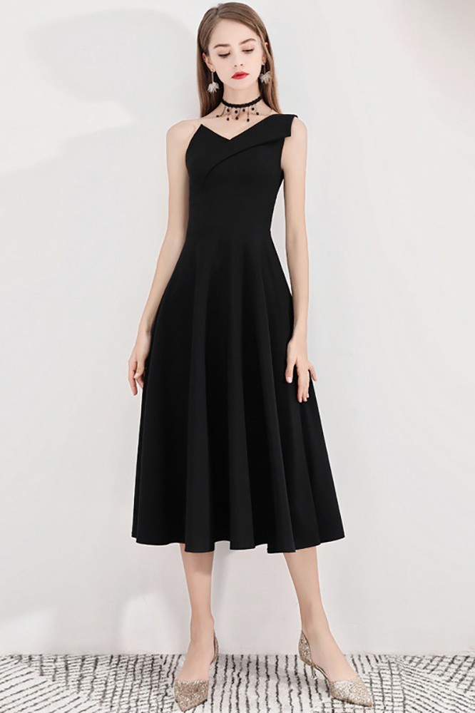 Simple Black Tea Length Party Dress Retro One Shoulder #BLS97039 ...