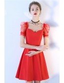 Little Red Aline Party Dress Short With Bubble Sleeves