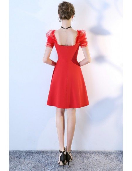 Little Red Aline Party Dress Short With Bubble Sleeves