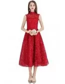 Red Flower Lace Tea Length Party Dress With High Neck