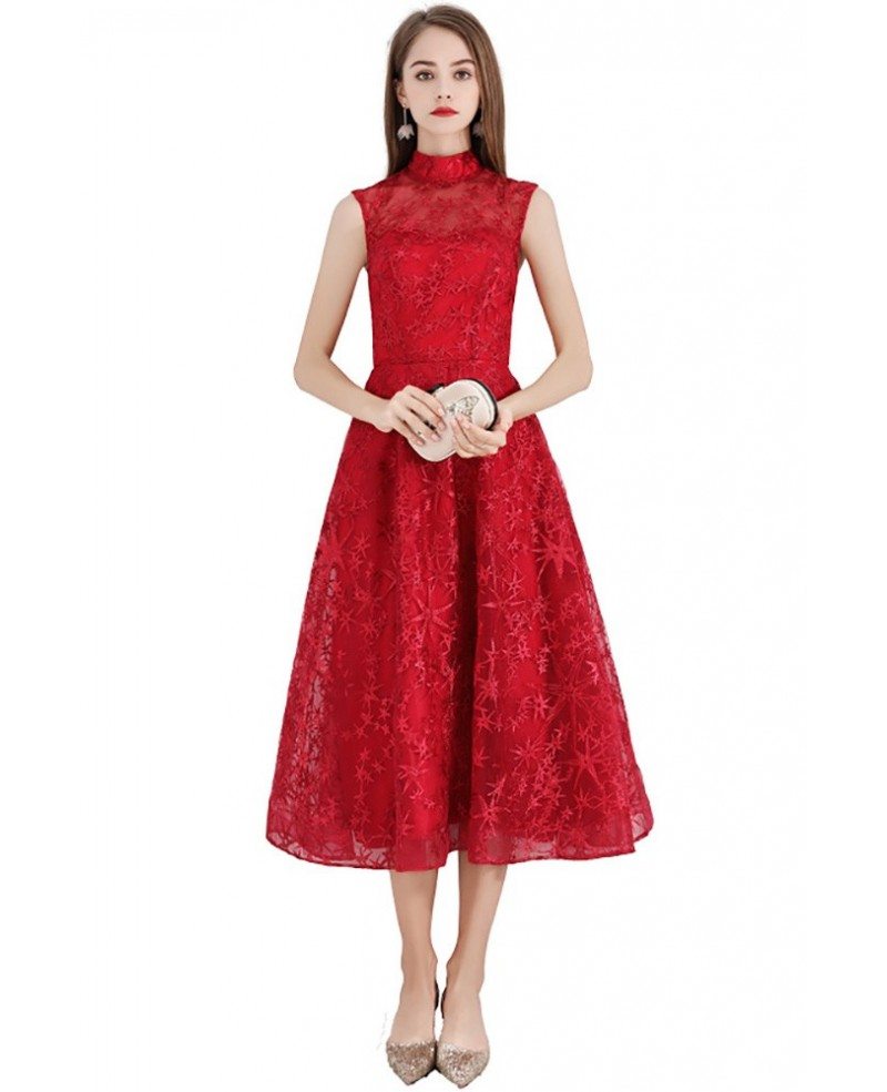 Red Flower Lace Tea Length Party Dress With High Neck #BLS97024 ...
