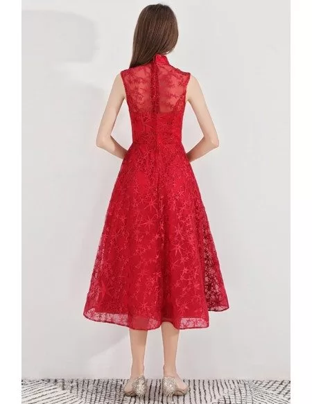 Red Flower Lace Tea Length Party Dress With High Neck