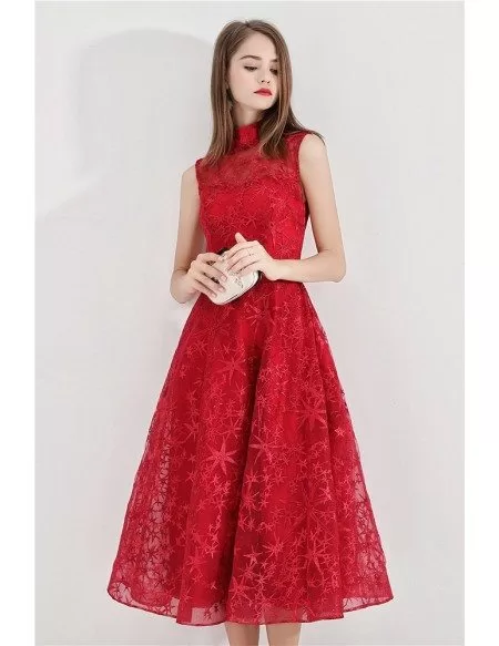 Red Flower Lace Tea Length Party Dress With High Neck #BLS97024 ...