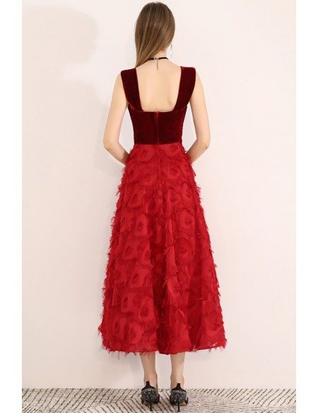 Red Two Colors Tea Length Party Dress With Straps