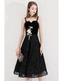 Retro Black Lace Tea Length Party Dress With Flower Embroidery
