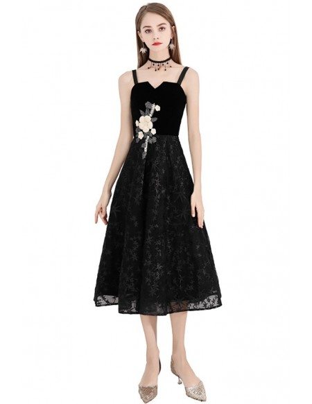Retro Black Lace Tea Length Party Dress With Flower Embroidery