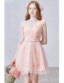 Romantic A-Line One Shoulder Short Tulle Bridesmaid Dress With Lace Flowers